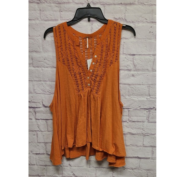 Free People Orange Crochet Lace V Neck Button Front Sleeveless Tunic Top XL NWT - Picture 5 of 11